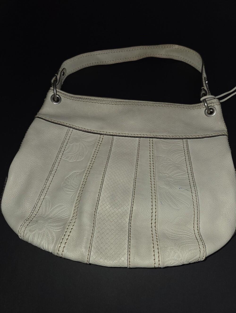 Fossil Off White Tooled Leather Hobo Shoulder Bag